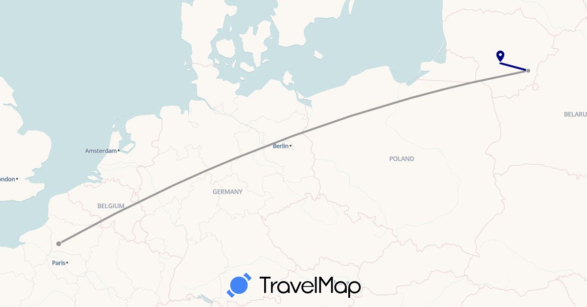 TravelMap itinerary: driving, plane in France, Lithuania (Europe)
